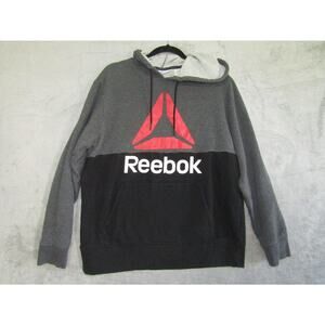 Reebok Men’s L Gray Black Hoodie Pullover Fleece Sweatshirt Logo Colorblock